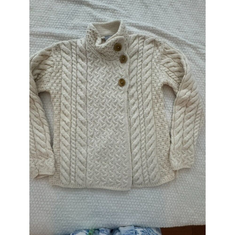 Aran Wool Cardigan Cable-knit Sweater, Cream, Small.